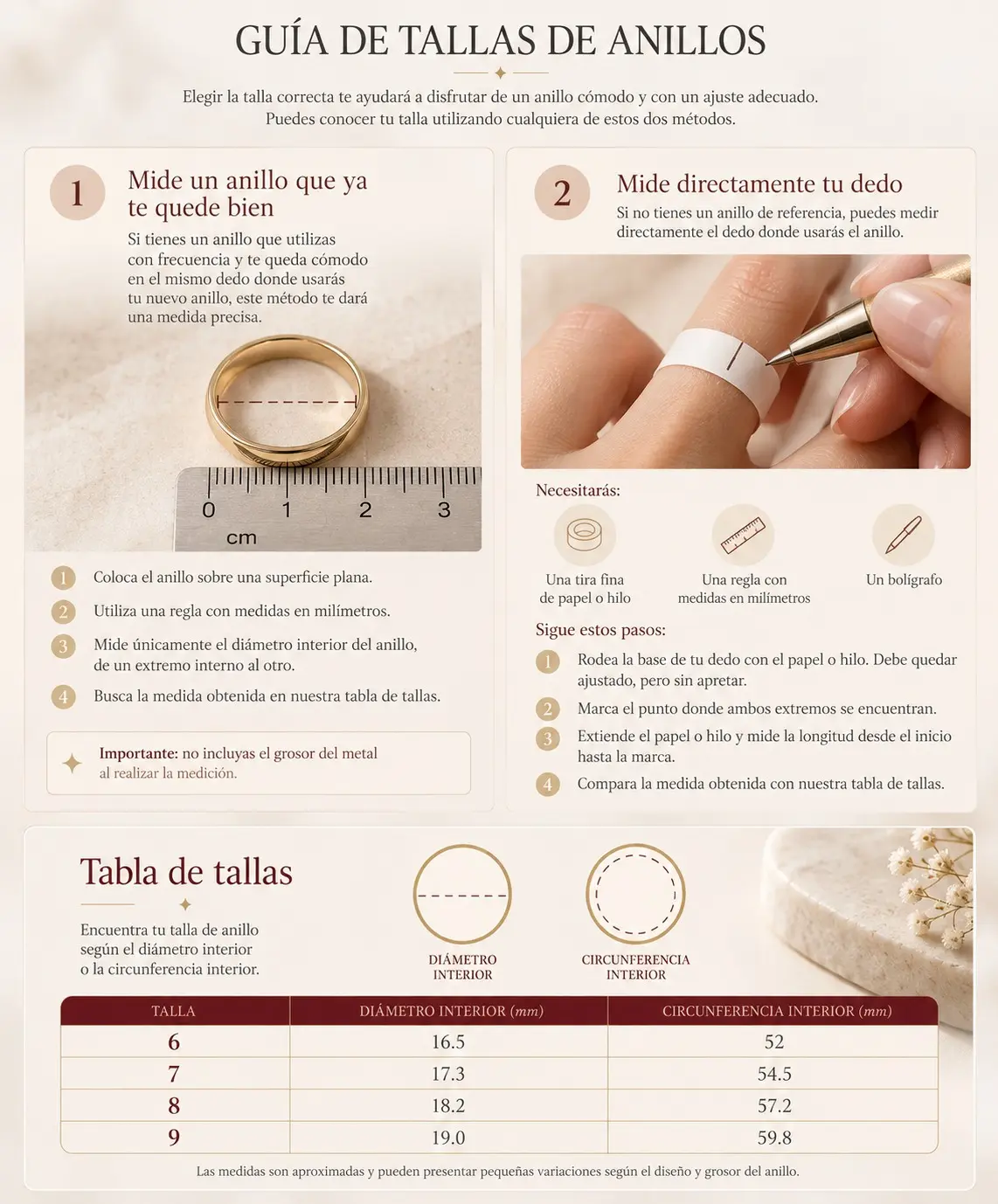 Infografía de la guía de tallas de anillos: cómo medir un anillo o tu dedo y tabla de tallas del 6 al 9